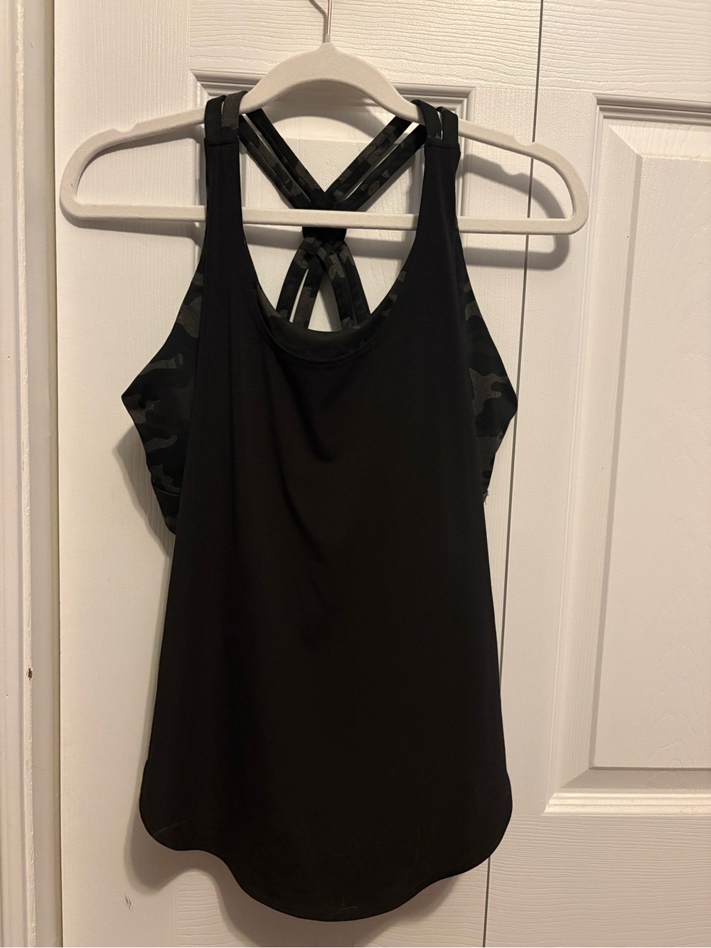 Fabletics Black Strappy Racerback Tank with Camo Insets